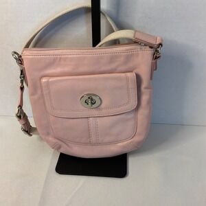 Coach Pink Leather Crossbody Bag Silver Turnlock Canvas Strap Messenger